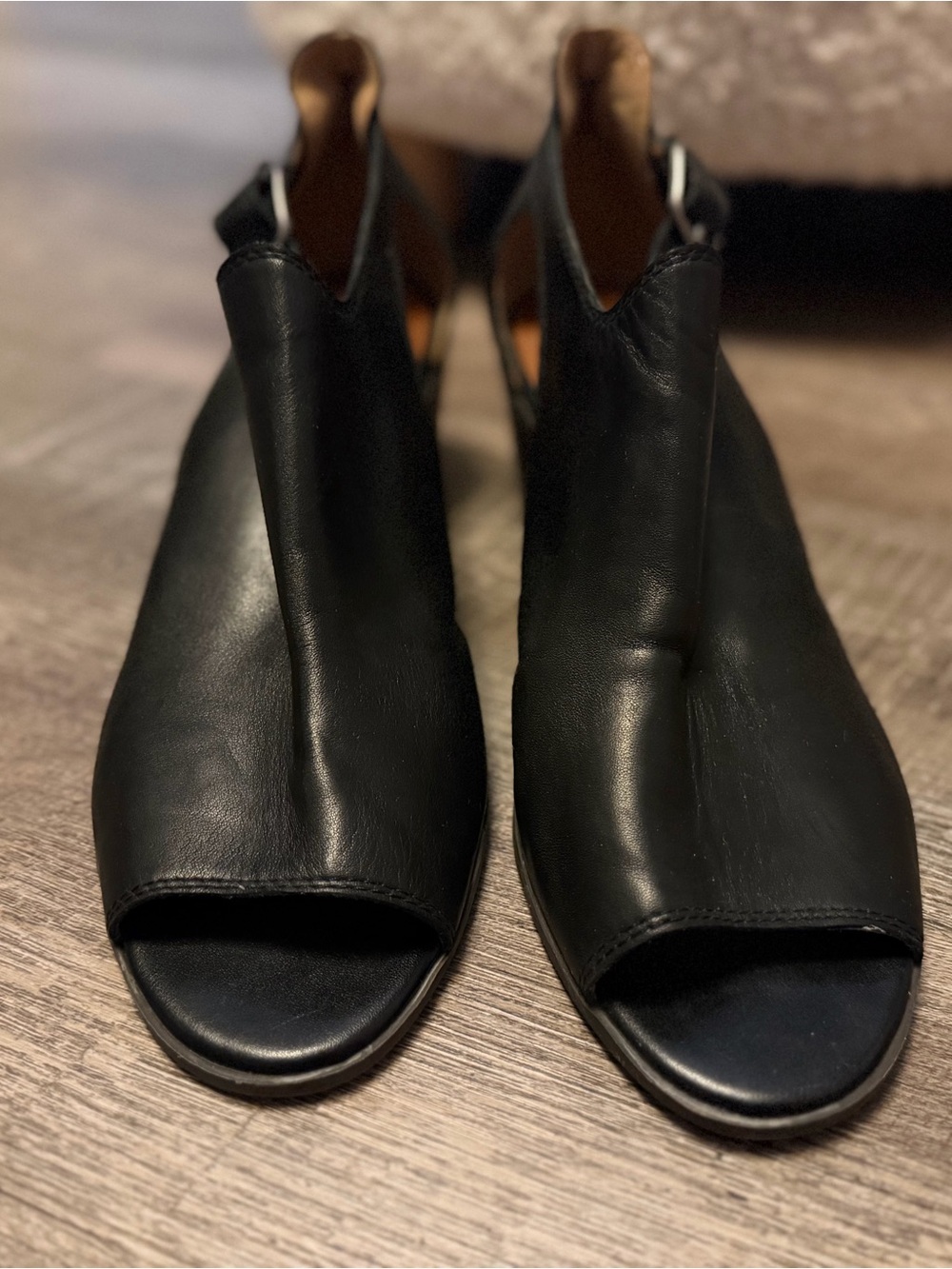 Lucky Brand Black Leather Peep Toe Block Heels Boho Western Shoes 9M